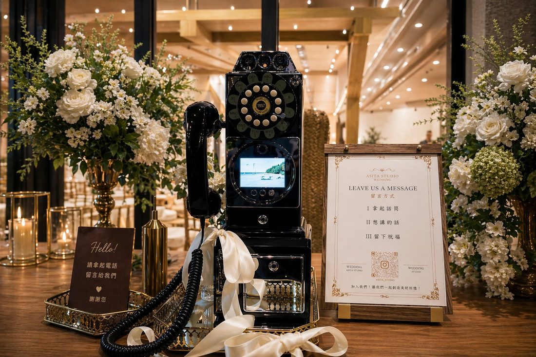 婚禮桌上的黑色復古電話錄影機