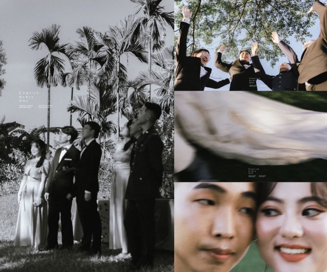 戶外婚禮合照、拋起雙手與新人特寫的組照